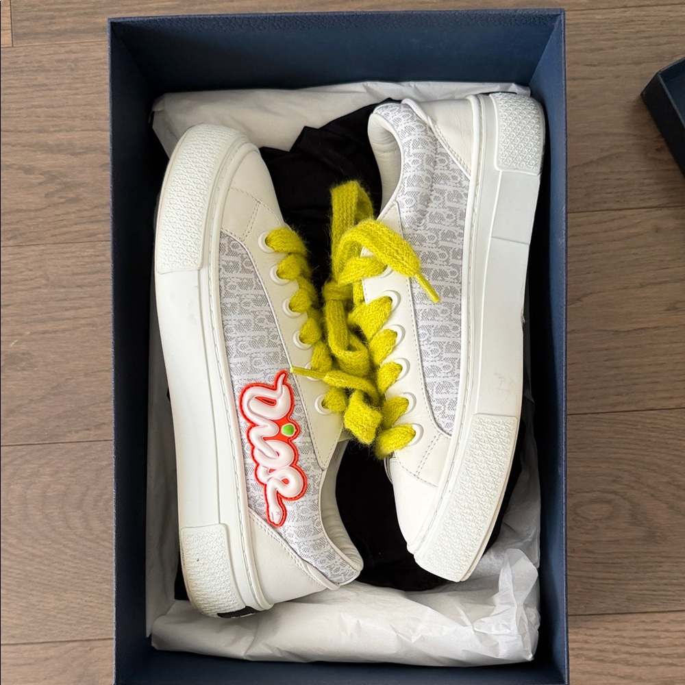 Dior White Low-Top Sneakers with Yellow Laces